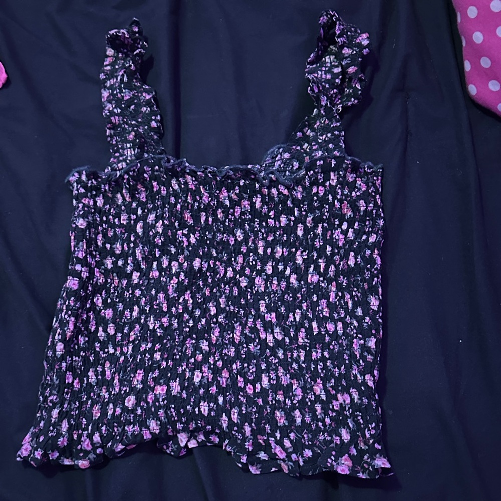 easel Black Smocked Floral Cami with Pink Accents